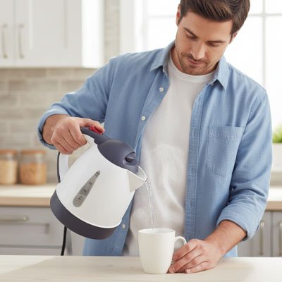 homme utilise mini bouilloire vaporise