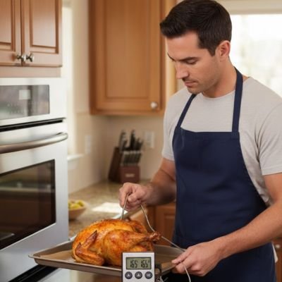 homme utilise thermometre cuisine precis pro pour dinde