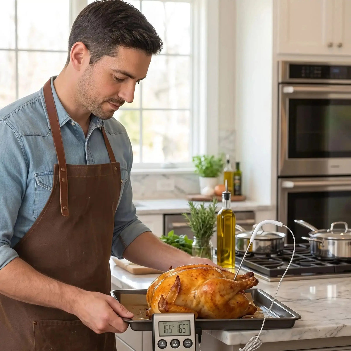 homme utilise thermometre cuisine precis pro