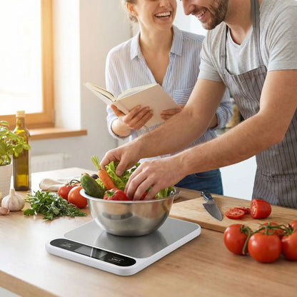 couple utilise balances de cuisine exacta