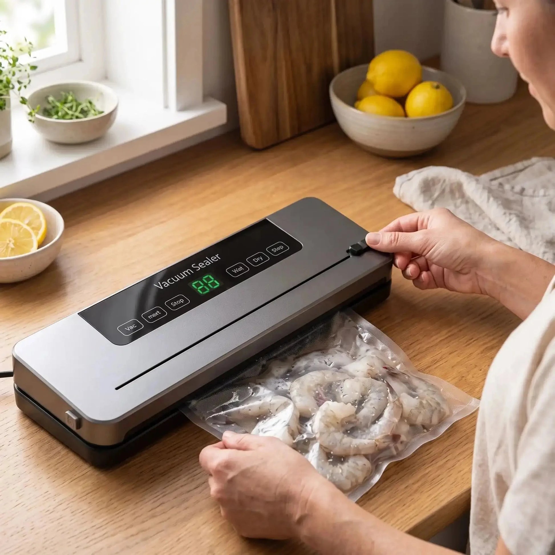dame utilise machine sous vide alimentaire sealmaster