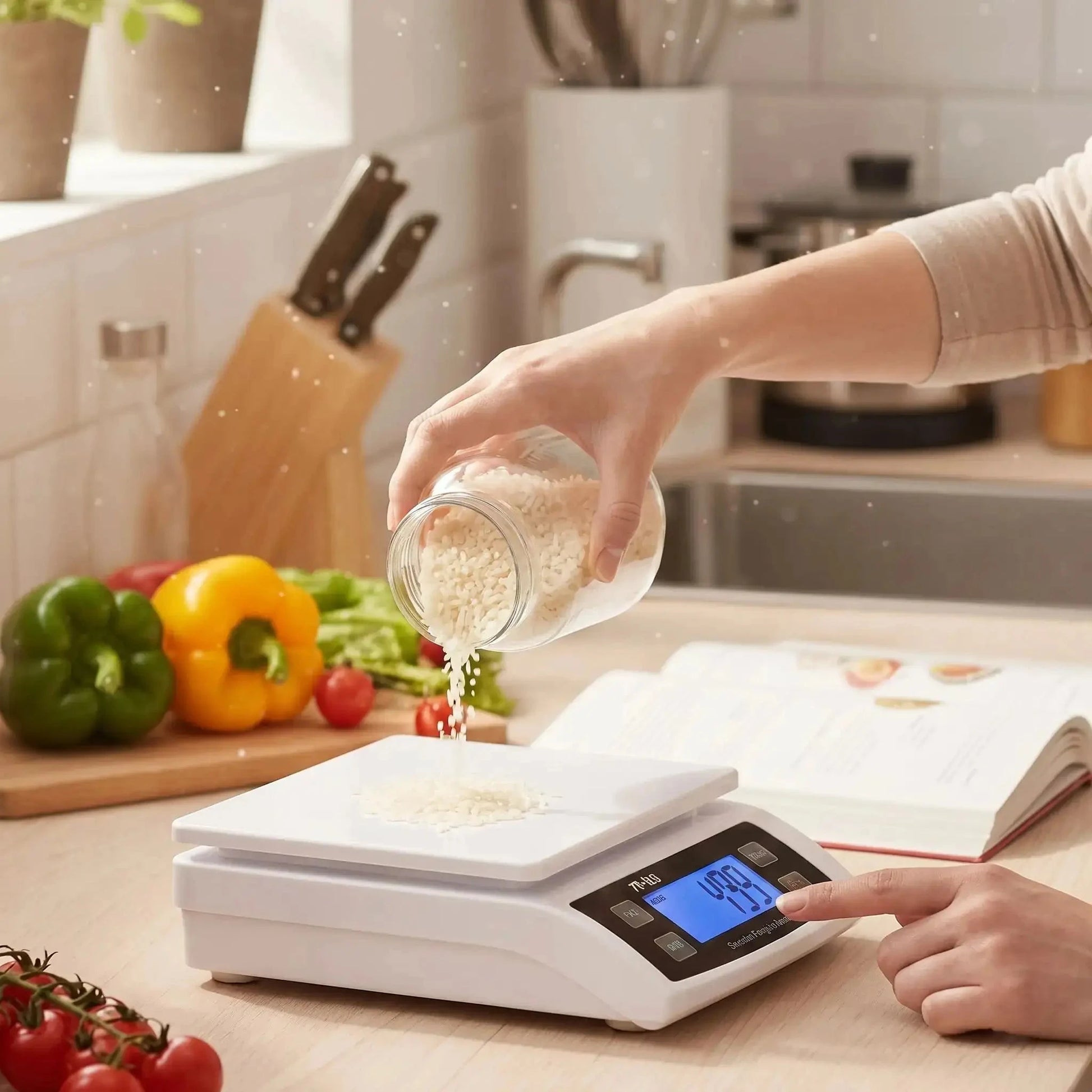 femme actionne balance de cuisine equilibra