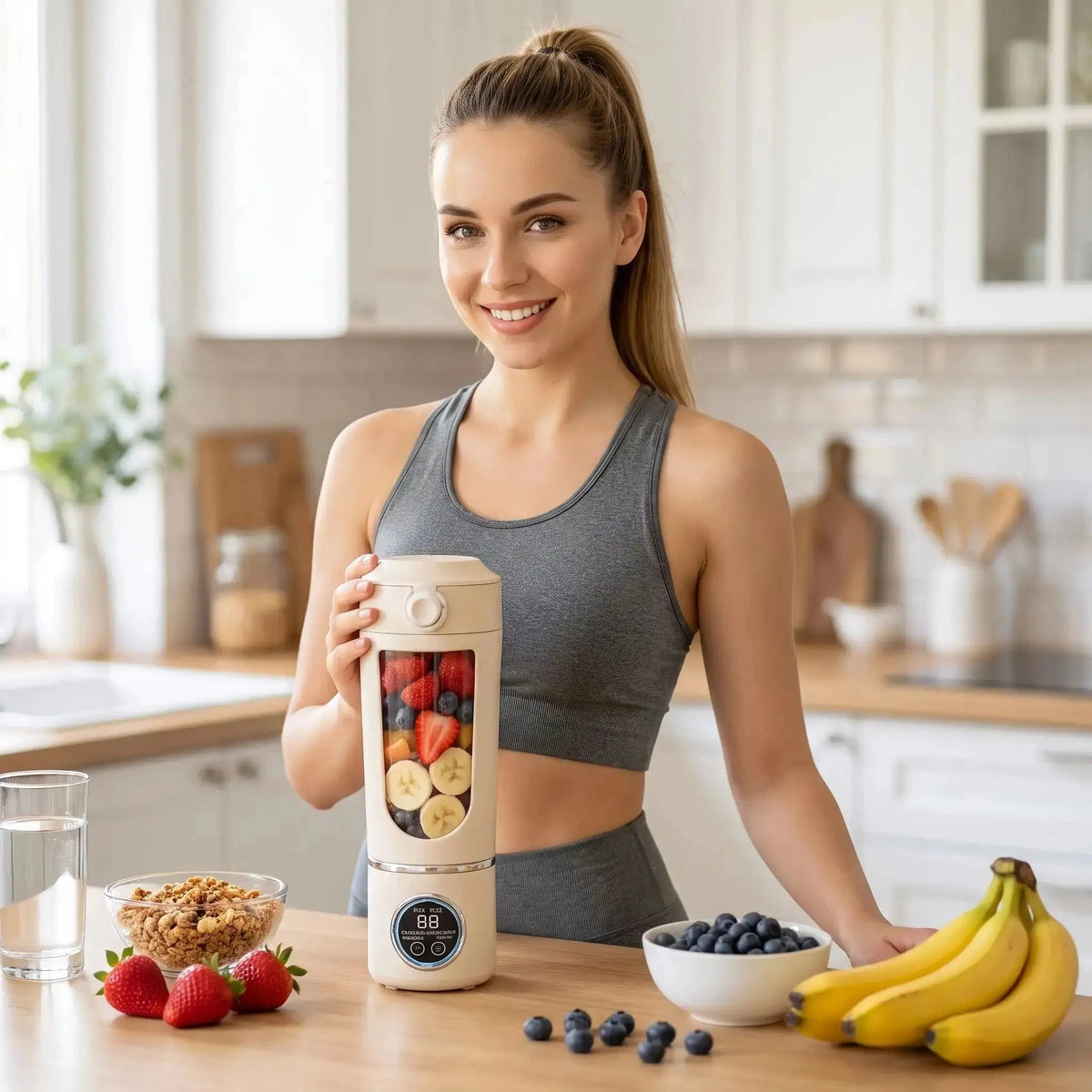 femme demontre mixeur portable nutriblend