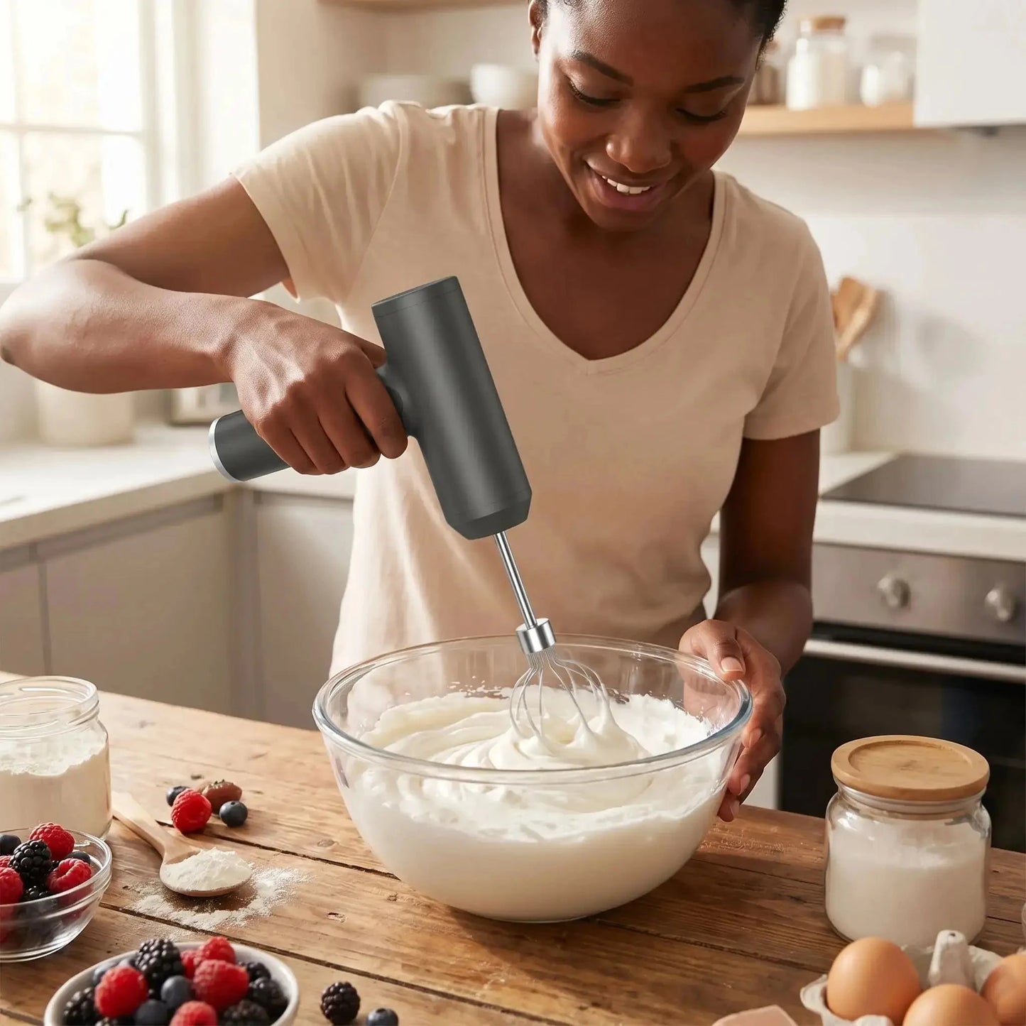 femme qui utilise batteur electrique creamix
