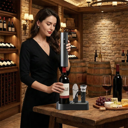 femme qui utilise tire bouchons electrique cave vin