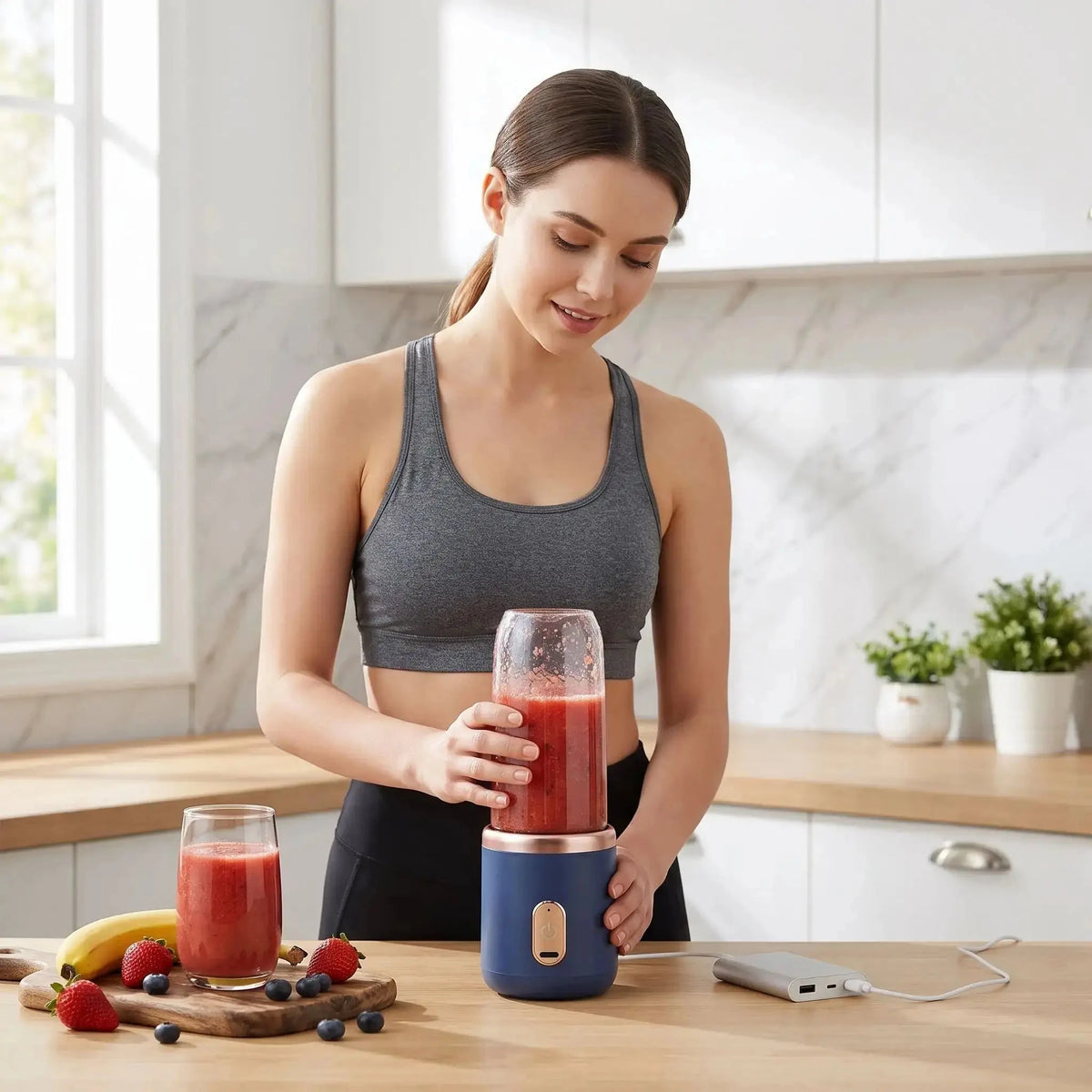 femme sportive utilise mixeur portable ultrablend