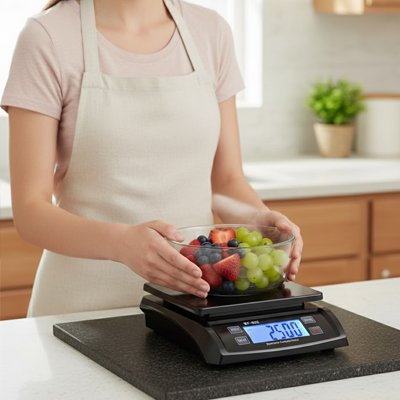 femme utilise balance de cuisine equilibra avec legume