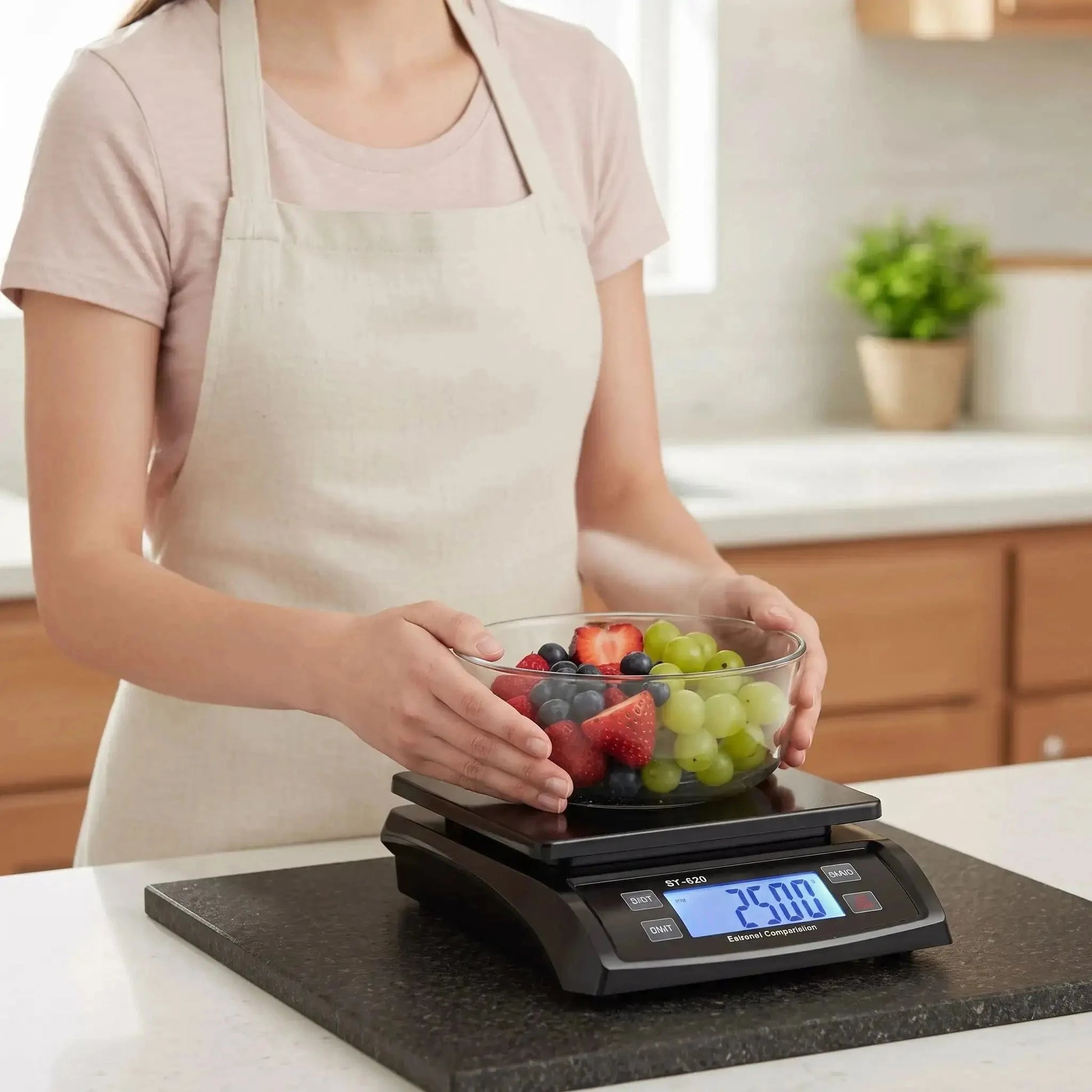 femme utilise balance de cuisine equilibra avec legume