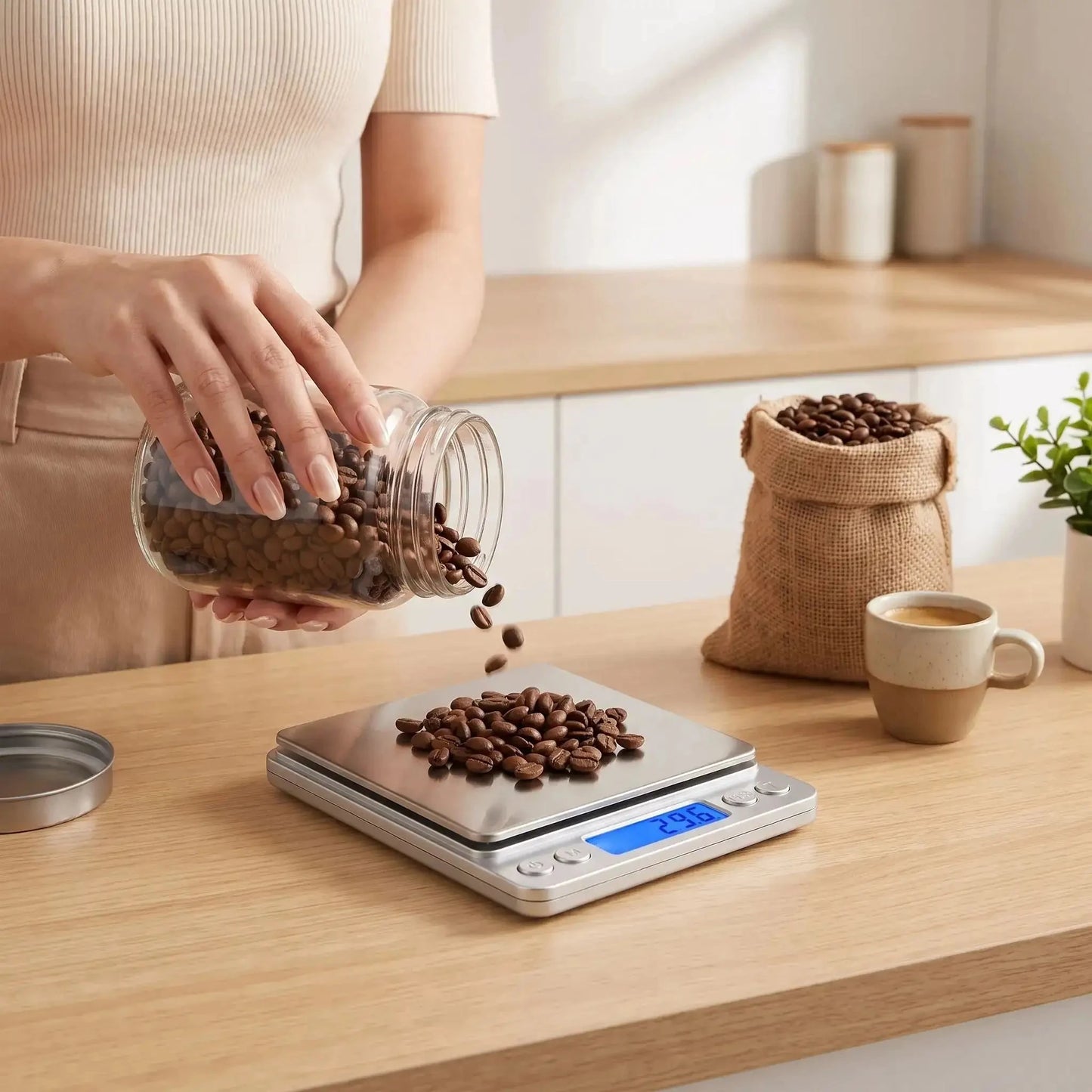 femme utilise balance de cuisine ionscale