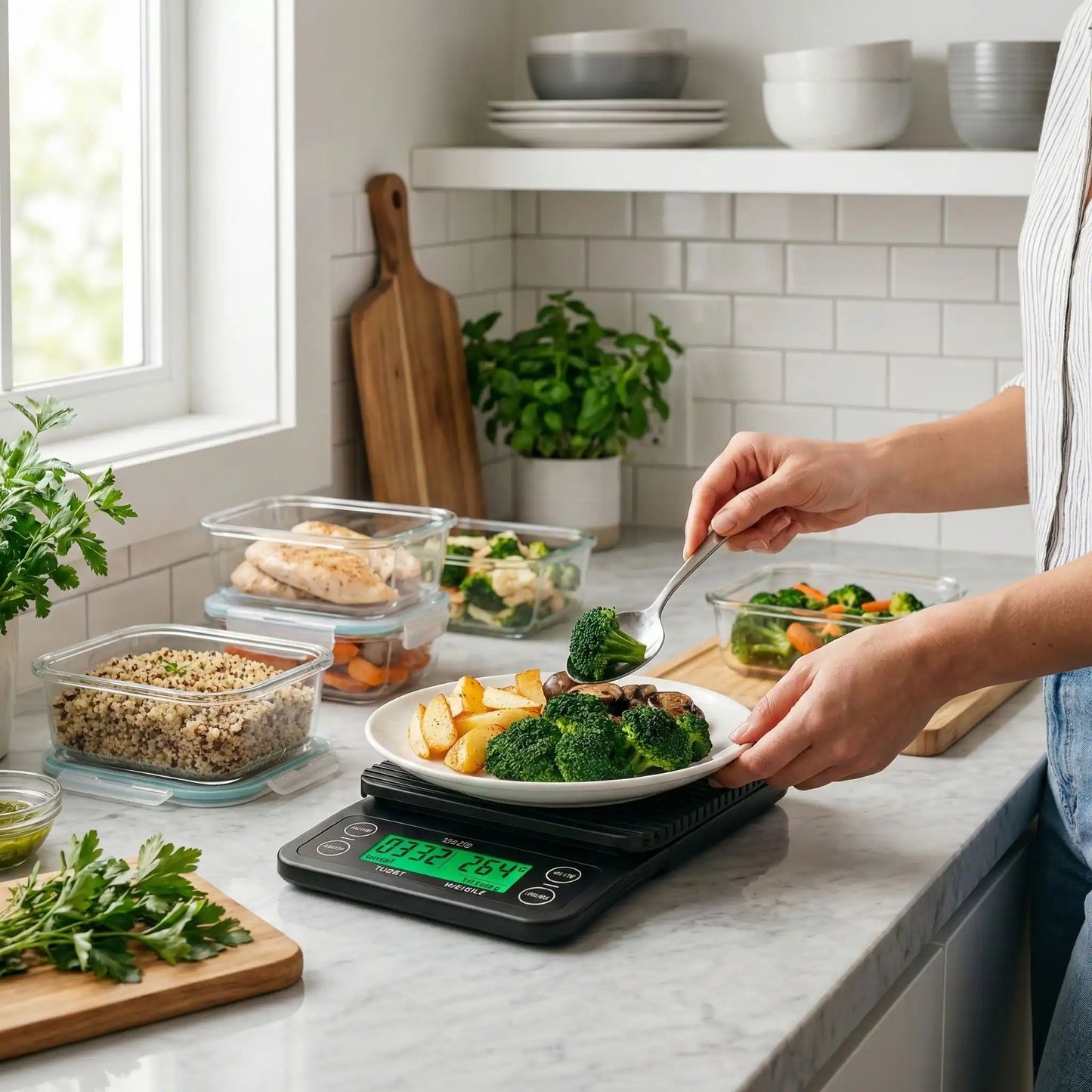 femme utilise balance de cuisine mesuro