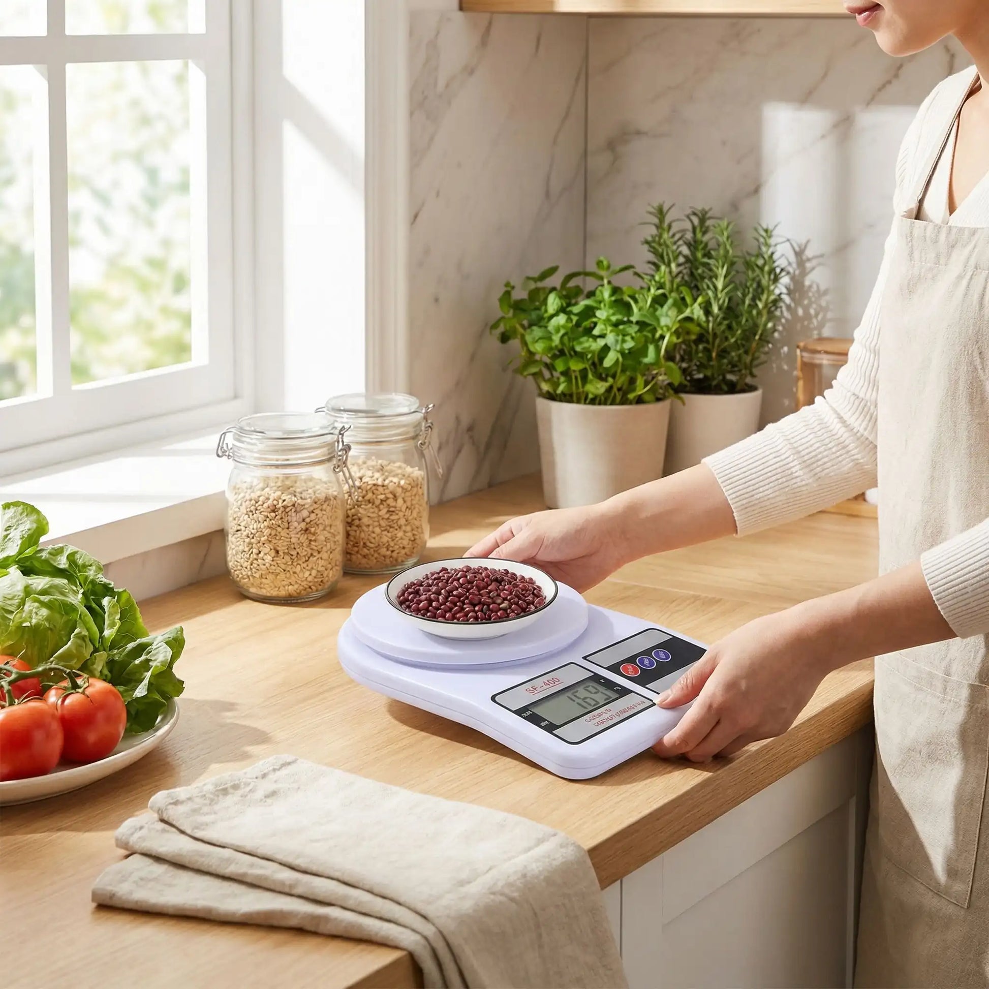 femme utilise balance de cuisine peseo