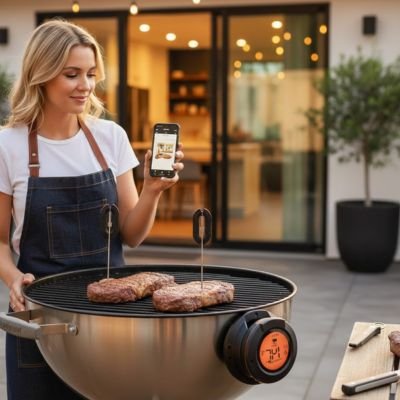 femme utilise bbq thermometre de cuisson tempx