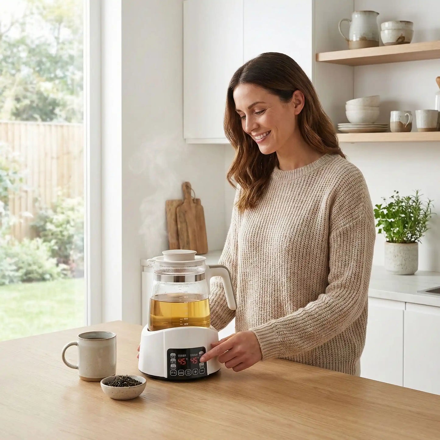 femme utilise bouilloire electrique dans cuisine