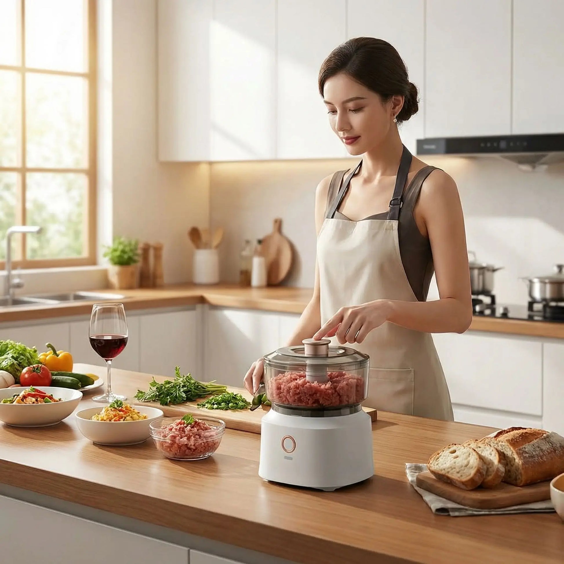 femme utilise hachoir a viande electrique pro gourmet