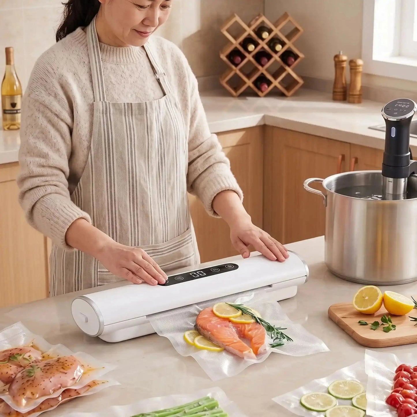 femme utilise machine sous vide alimentaire vacuumpro