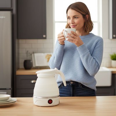 femme utilise mini bouilloire compact+