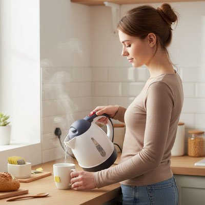 femme utilise mini bouilloire vaporise