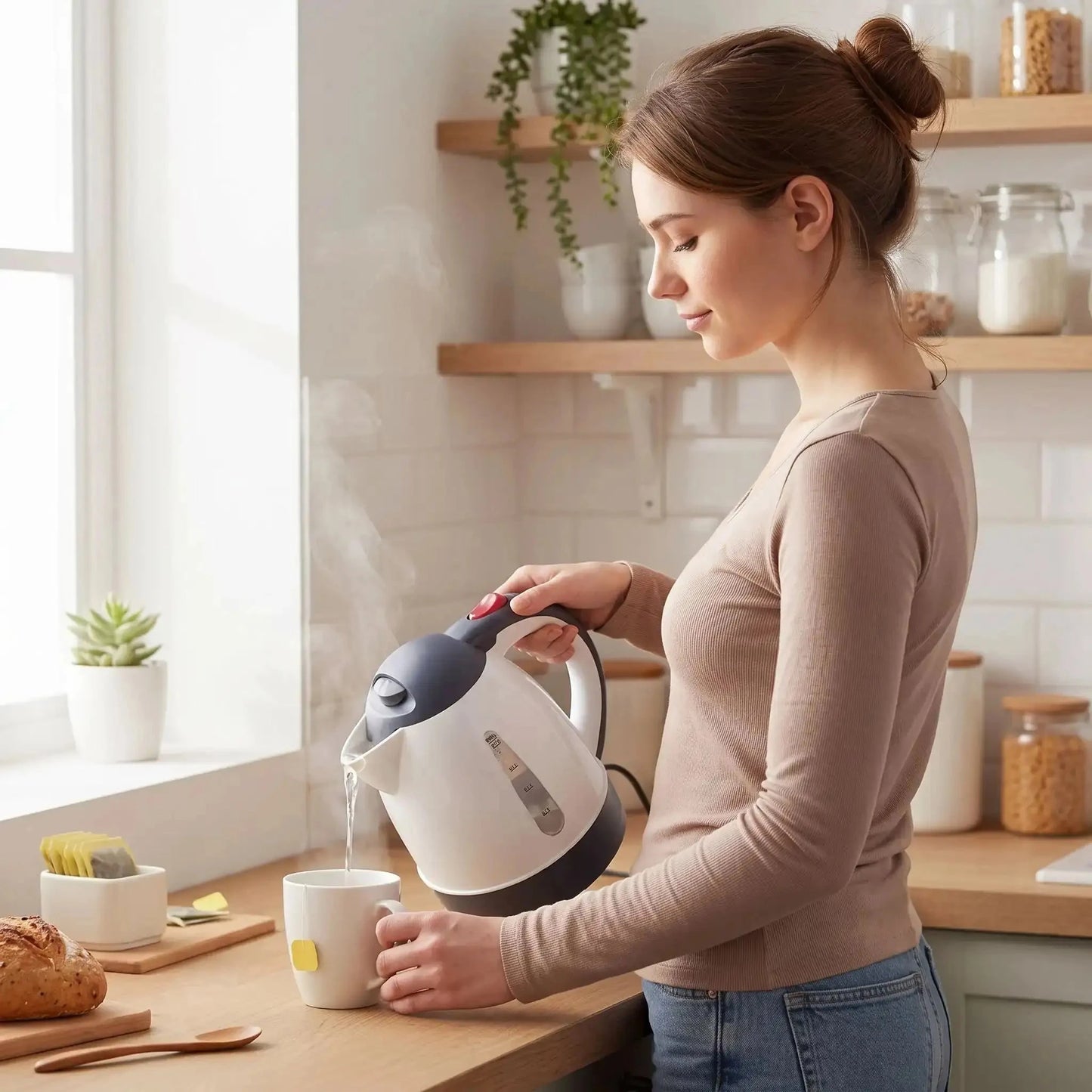 femme utilise mini bouilloire vaporise