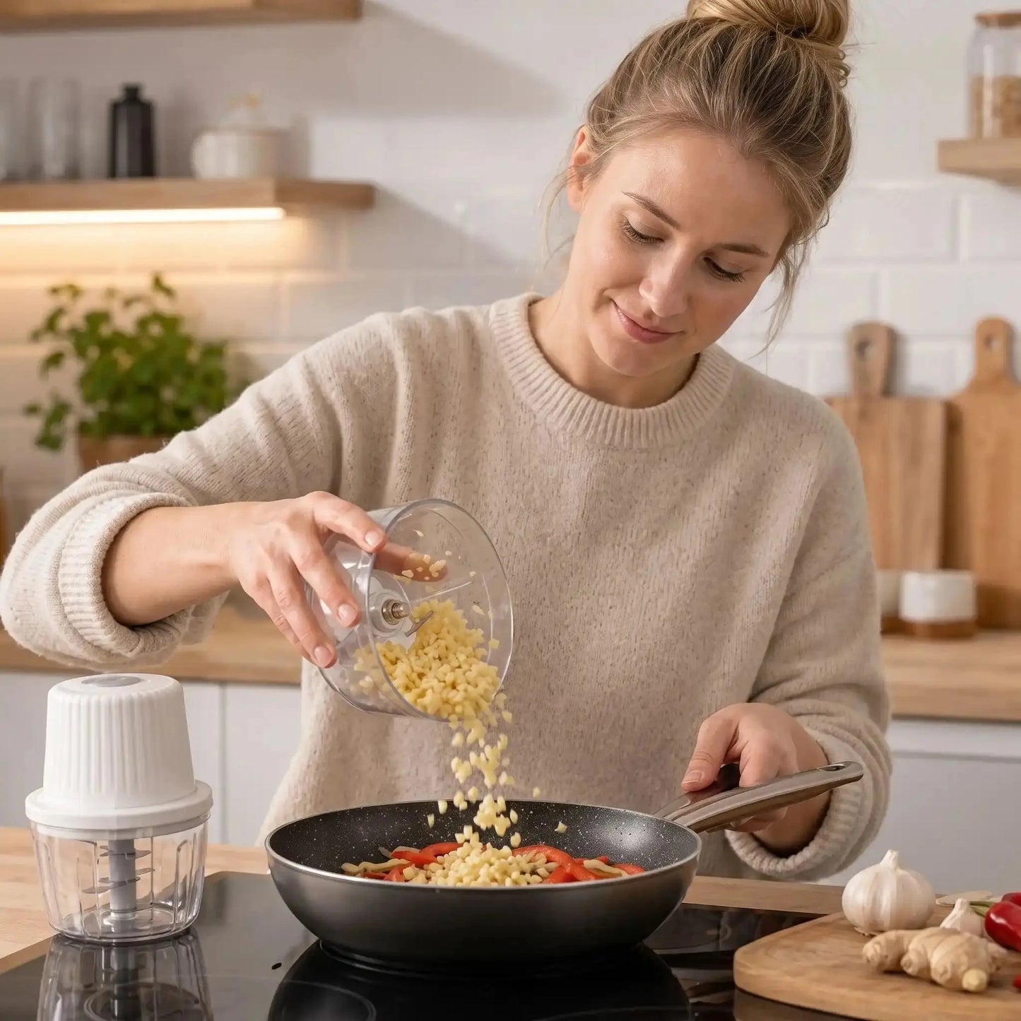 femme utilise mini hachoir hachogo