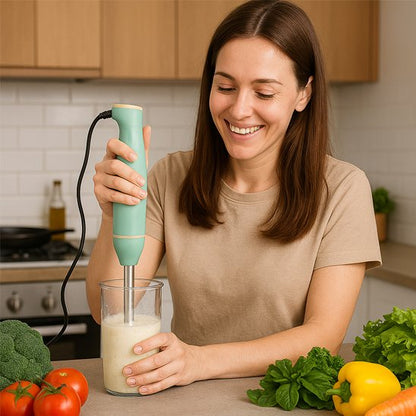 femme utilise mixer plongeant blend&go recette