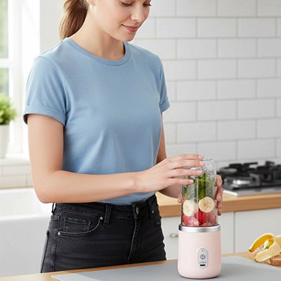 femme utilise mixeur portable ultrablend dans cuisine