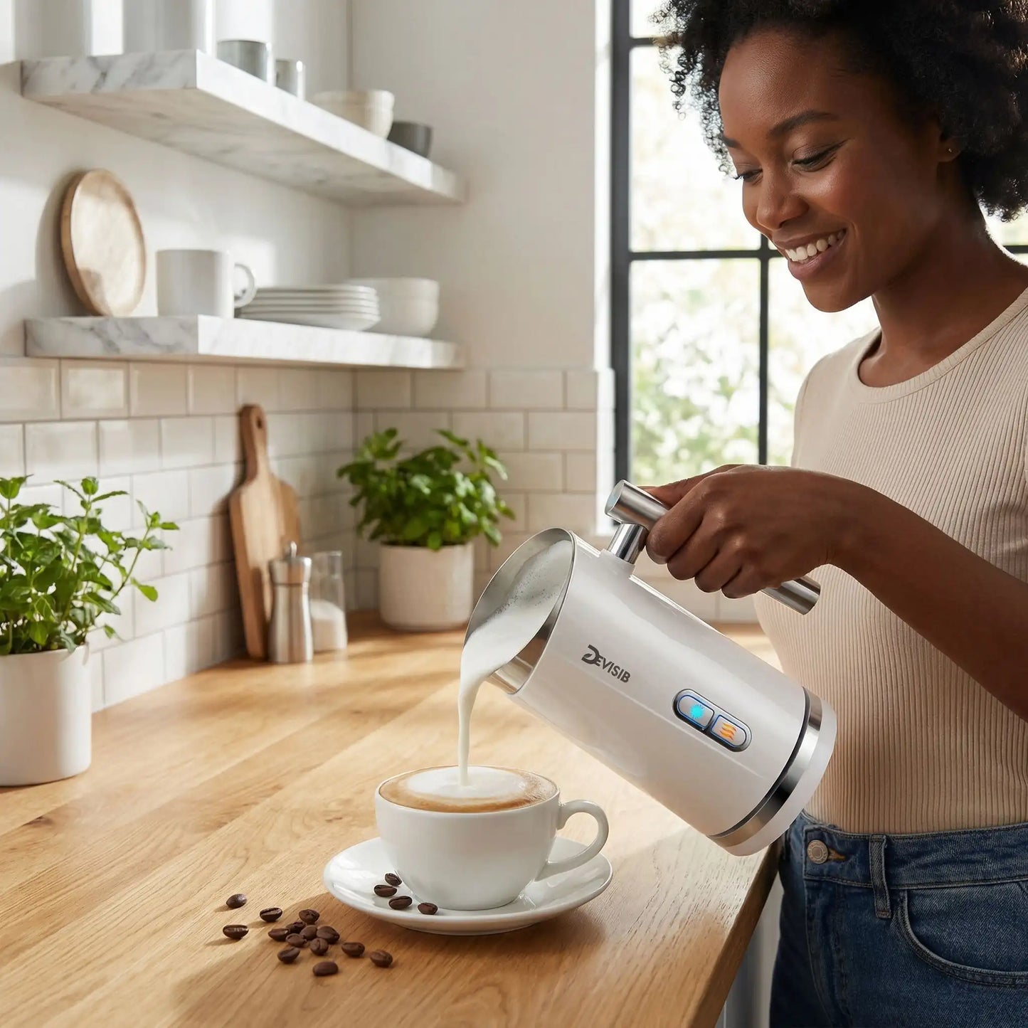 femme utilise mousseur à lait électrique foamix