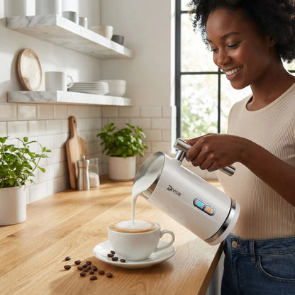 femme utilise mousseur à lait électrique foamix