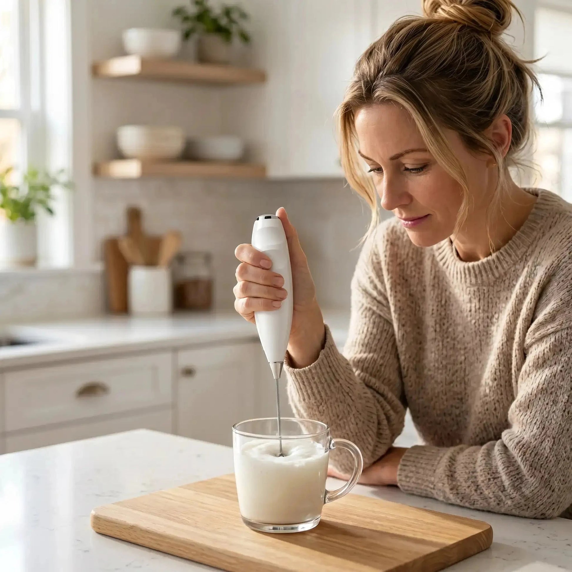 femme utilise mousseur a lait electrique frothx