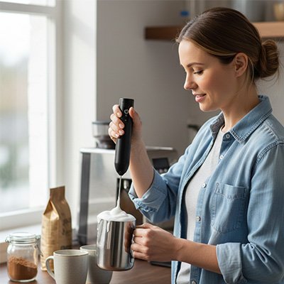 femme utilise mousseur de lait doucemousse dans cuisine