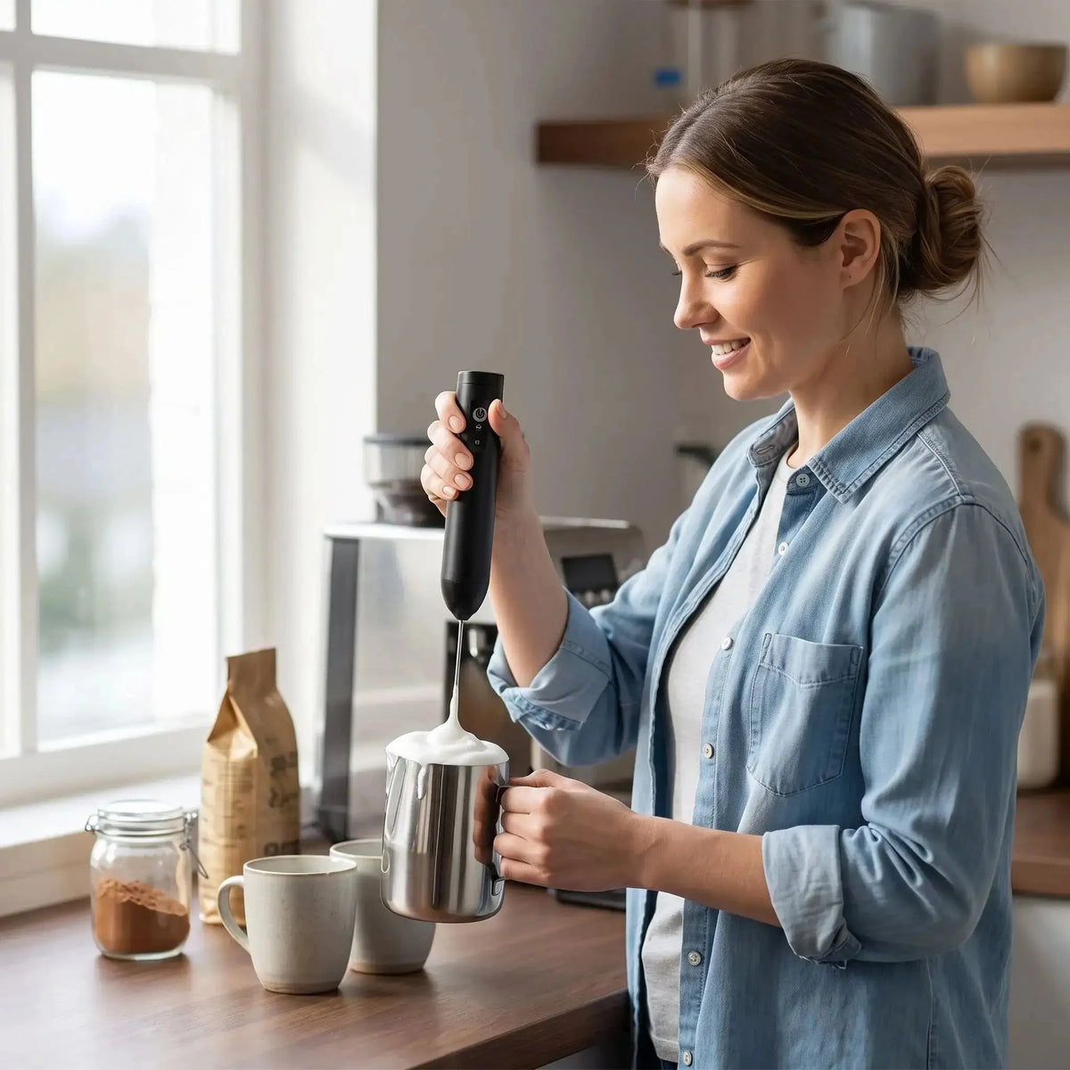 femme utilise mousseur de lait doucemousse dans cuisine