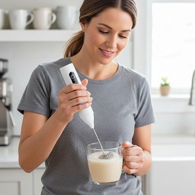 femme utilise mousseur de lait doucemousse
