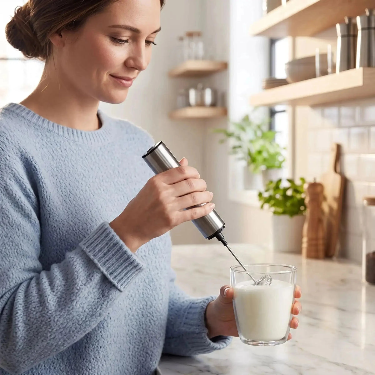 femme utilise mousseur de lait moussinet