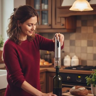 femme utilise ouvre bouteille electrique caveo dans cuisine