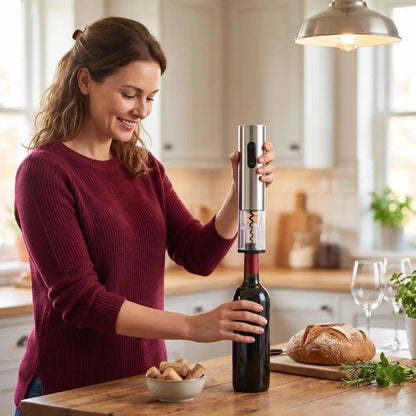 femme utilise ouvre bouteille electrique caveo dans cuisine