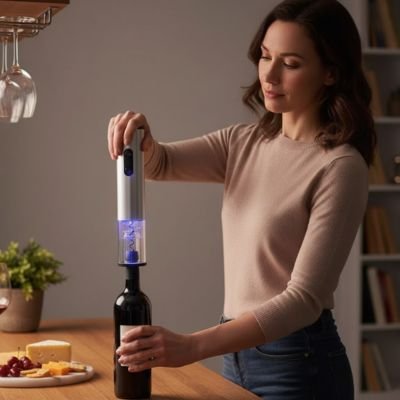 femme utilise ouvre bouteille electrique caveo sur table