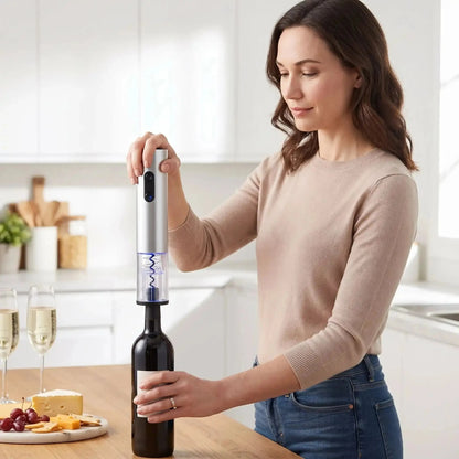 femme utilise ouvre bouteille electrique caveo sur table