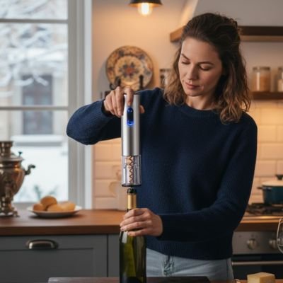 femme utilise ouvre bouteille electrique caveo