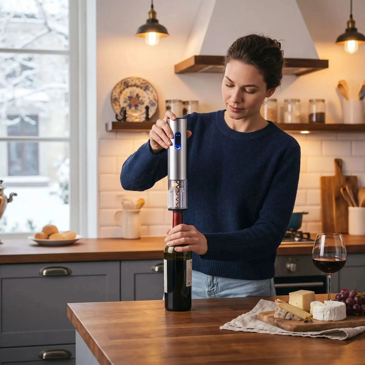 femme utilise ouvre bouteille electrique caveo