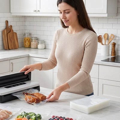 femme utilise sac sous vide alimentaire vacpocket