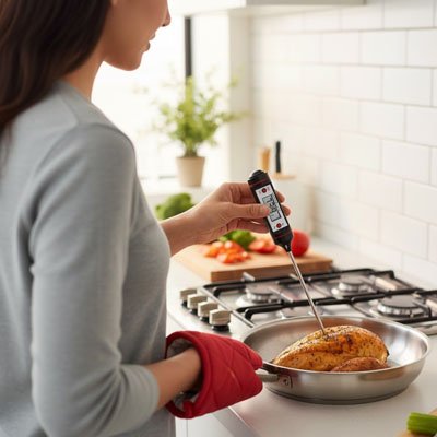 femme utilise thermometre cuisson grilleo dans cuisine