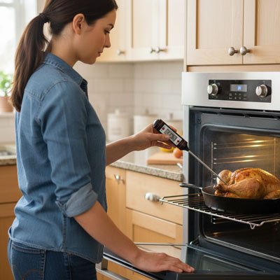 femme utilise thermometre cuisson grilleo dans four