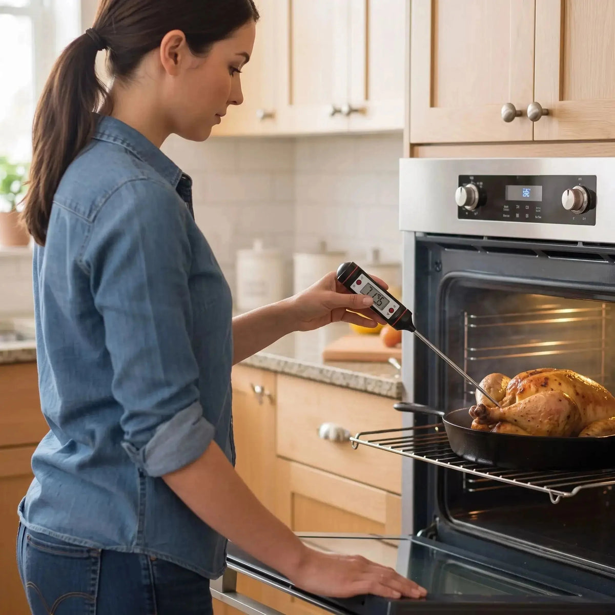 femme utilise thermometre cuisson grilleo dans four