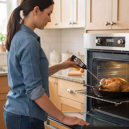 femme utilise thermometre cuisson grilleo dans four