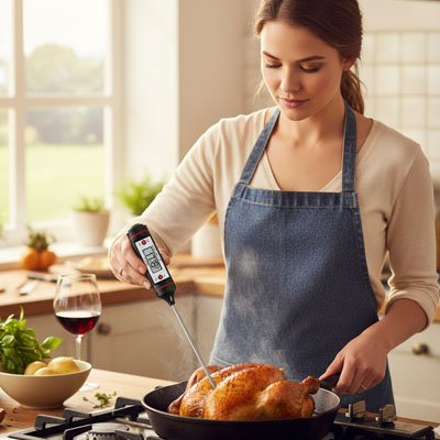 femme utilise thermometre cuisson grilleo sur poulet