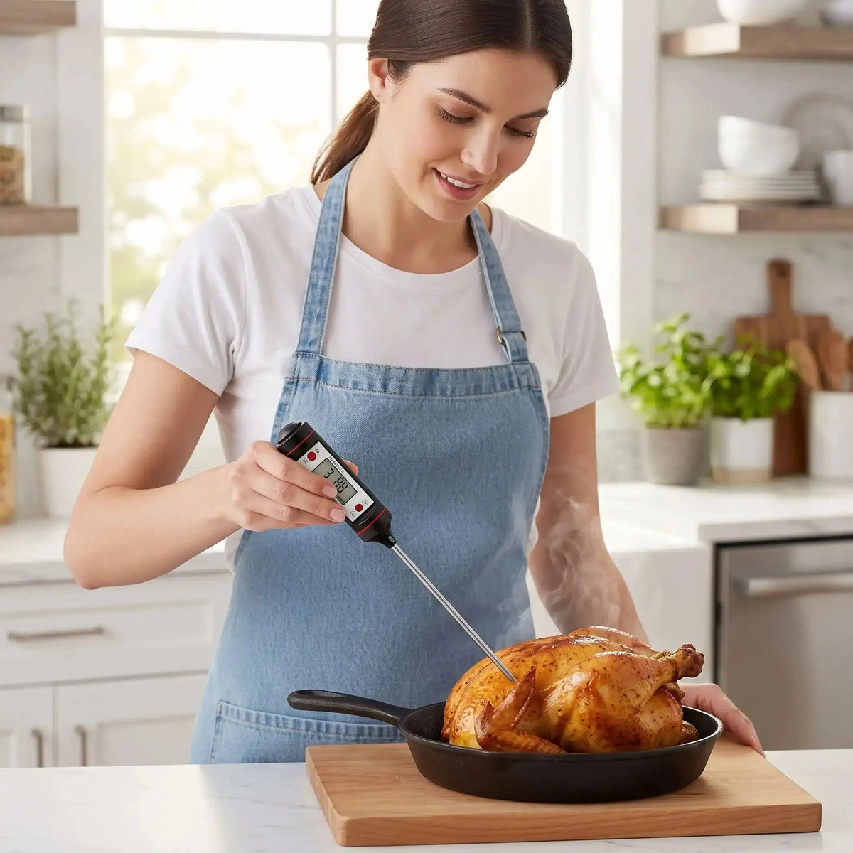 femme utilise thermometre cuisson grilleo