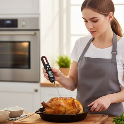 femme utilise thermometre de cuisine tempix dans cuisine 