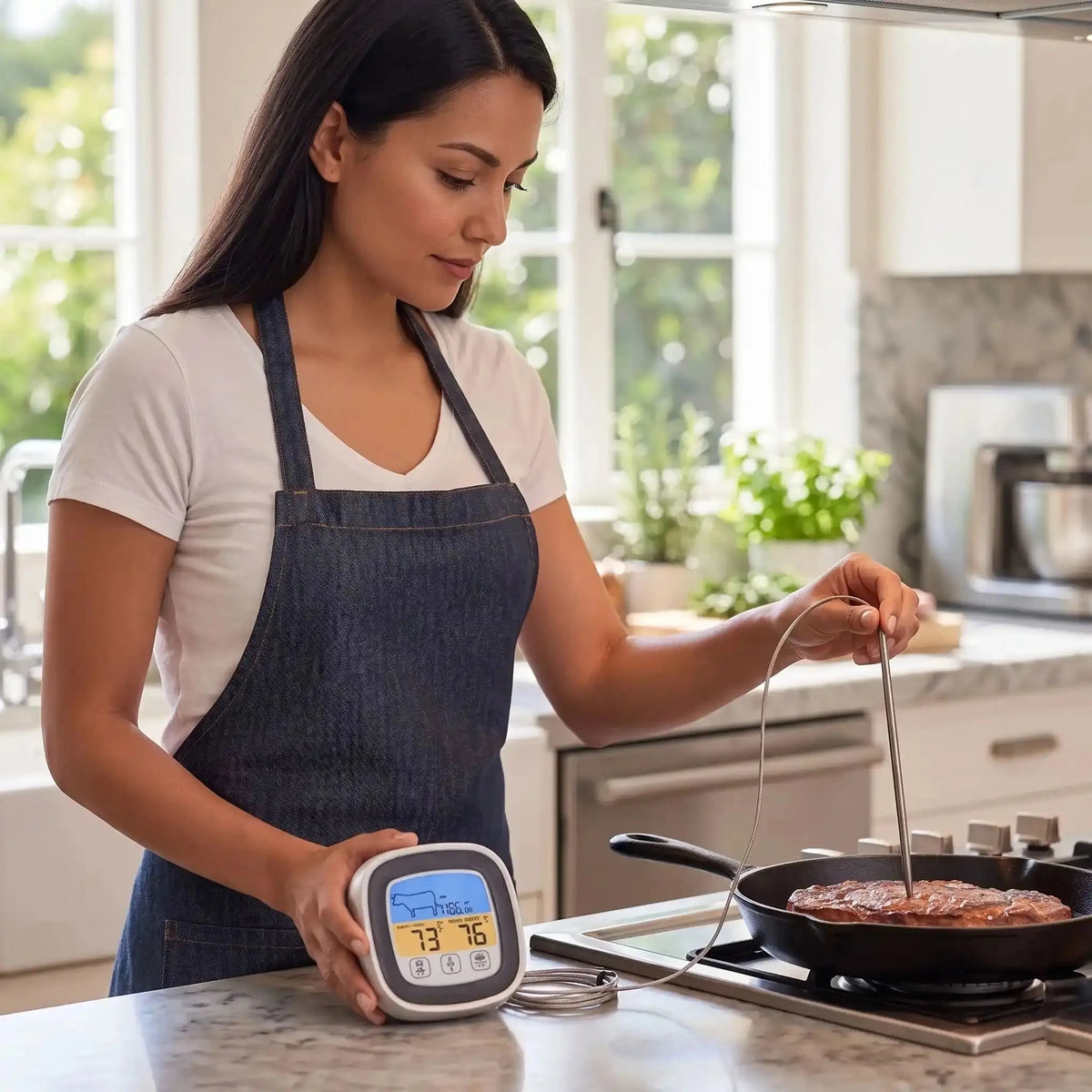 femme utilise thermometre de cuisson tempix dans cuisine