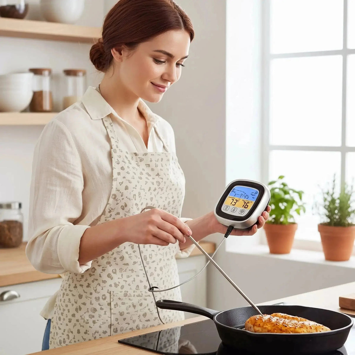 femme utilise thermometre de cuisson tempix sur four