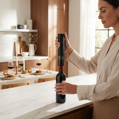 femme utilise tire bouchon electrique wineease