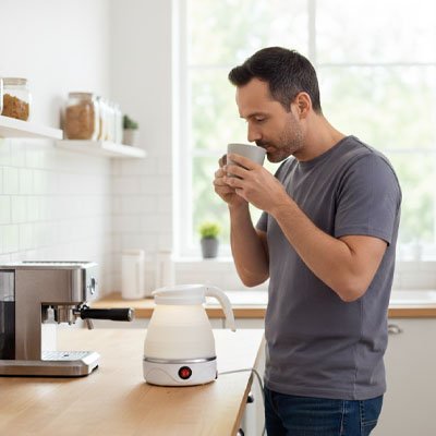 homme boit de mini bouilloire compact+